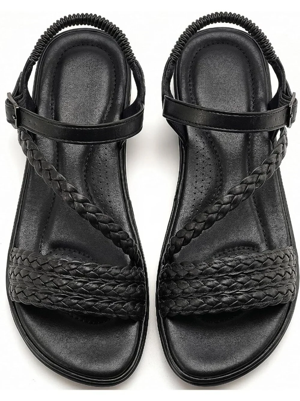 Women's All Black Summer Comfortable Strappy Flats Casual Walking Beach Sandals